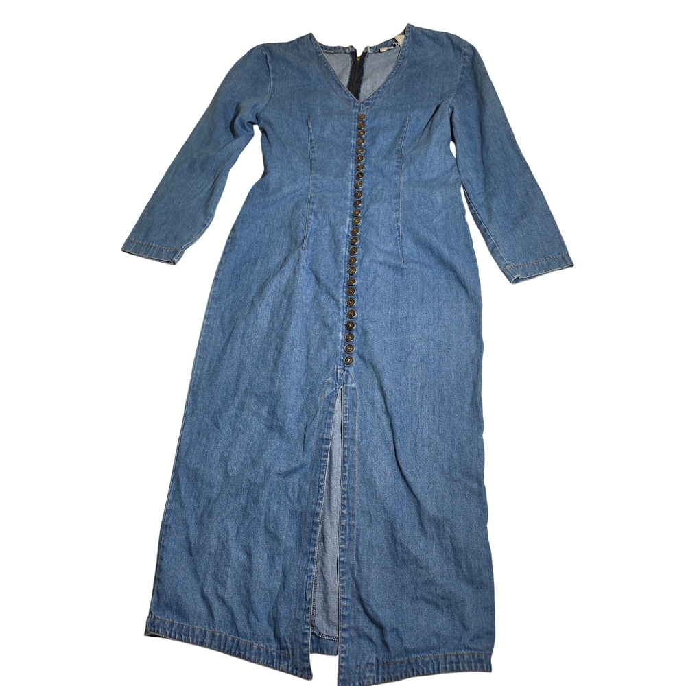 Vintage Sunshine Starshine Denim Maxi Dress W Blue Long Sleeve Button V-Neck